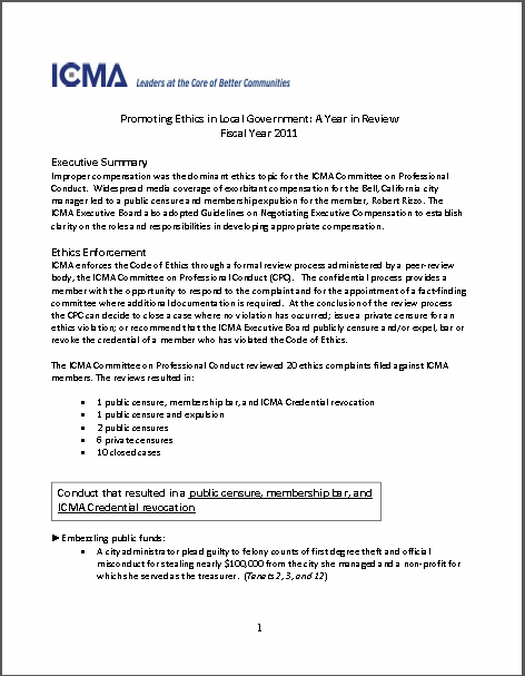 ICMA Ethics Annual Report 2011 | icma.org